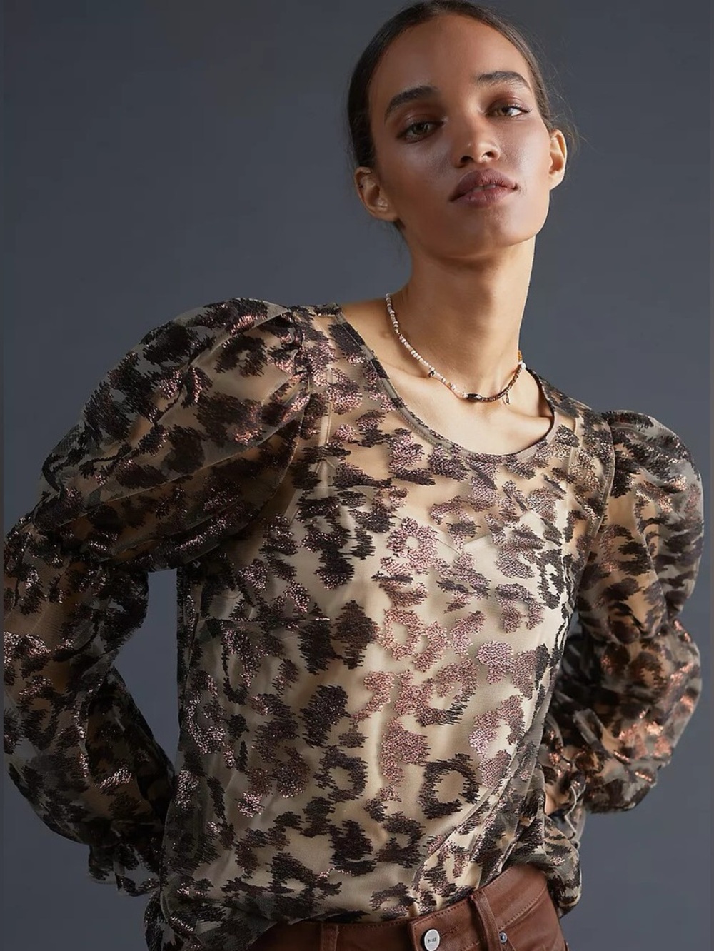 Anthropologie Eva Franco Sheer  Metallic Leopard-Print Puff-Sleeve Blouse Size L